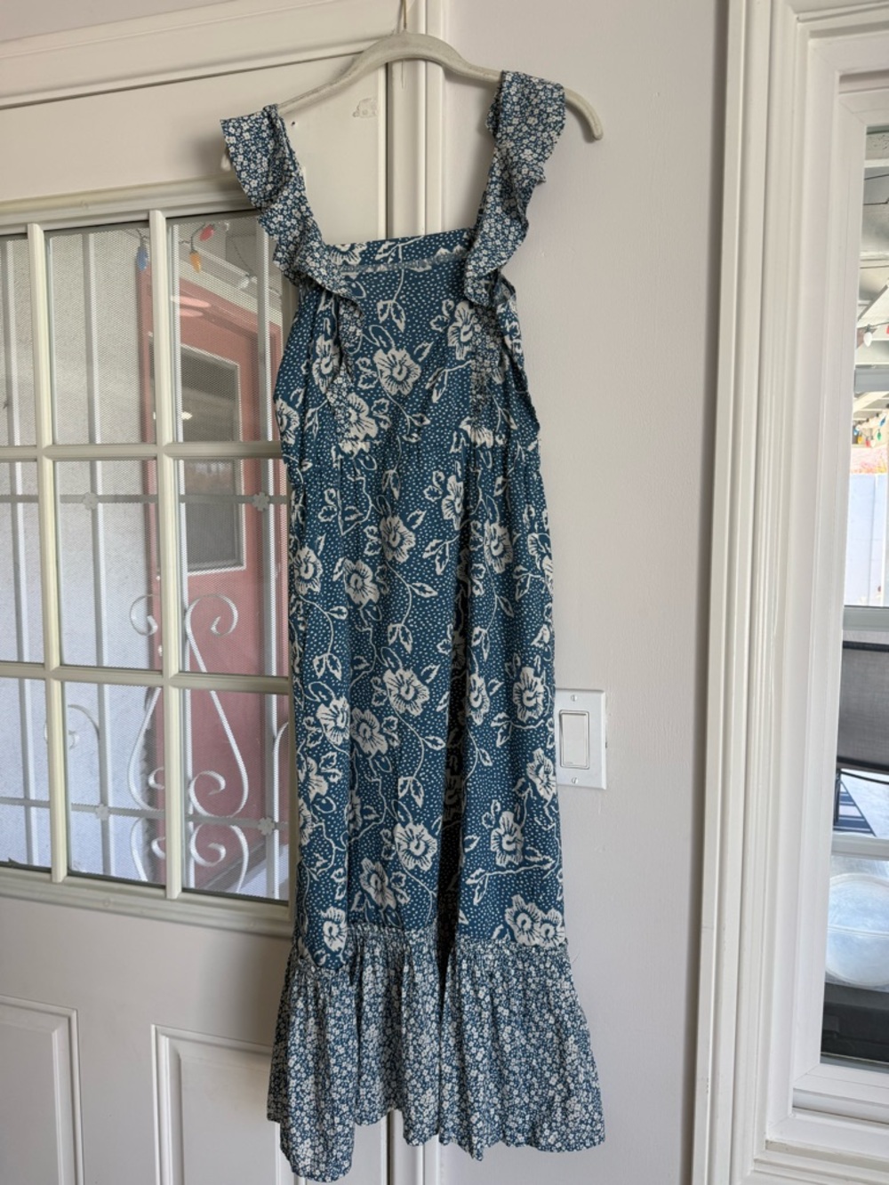 Paige Blue Floral Ruffle Strap Midi Dress Tie Waist Size XXS
